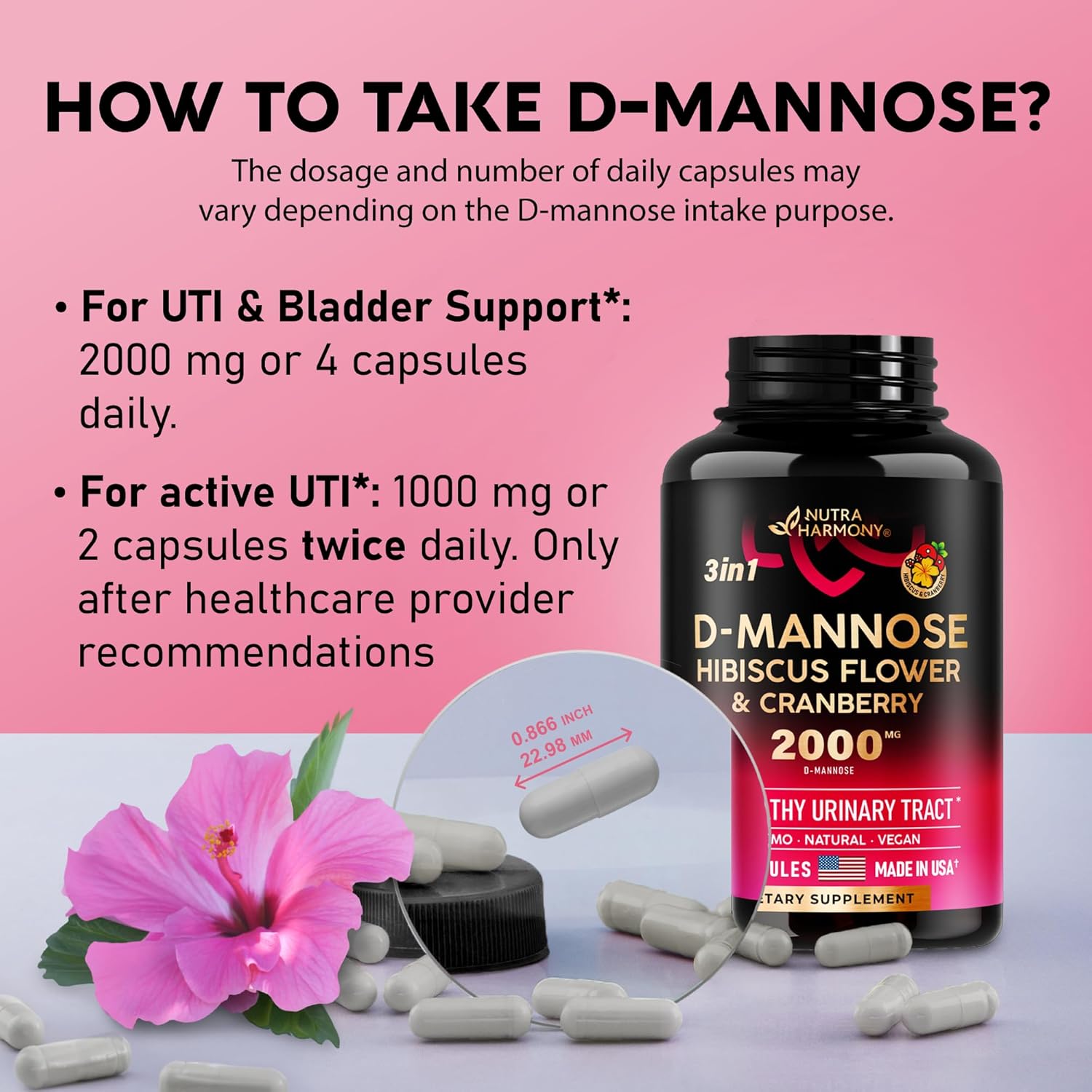 D-Mannose 2000mg Capsules for Urinary Tract Health with Cranberry & Hibiscus, 120 Vegan Pills C8967