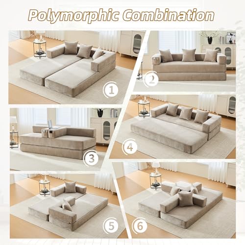 Corduroy Convertible Sleeper Sofa Bed with Pillow, Beige O72530