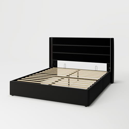 Full Size Lift Up Storage Bed with Wingback Headboard, Hydraulic Support, Light Beige P736605