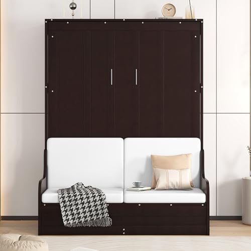 Murphy Bed Queen Size with Cushion, Foldable Sofa Bed Frame with Slat Support, White C2974