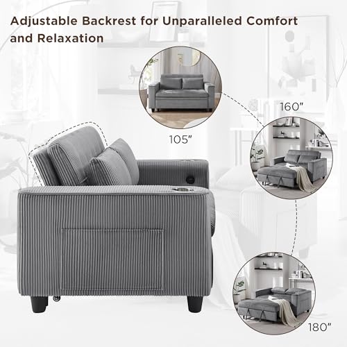 3 in 1 Convertible Sleeper Sofa Bed, Corduroy Pull Out Futon Couch with Charging Station & Cup Holder, Folding Loveseat Sofa Bed with Side Pocket, Light Grey W412