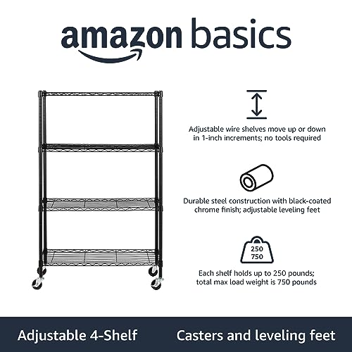 5-Shelf Adjustable Heavy Duty Storage Shelving Unit on Wheel Casters, Metal Wire Rack, Black A697