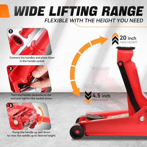 4 Ton Low Profile Floor Jack, Heavy Duty Steel Hydraulic with Dual Pistons Quick Lift Pump P3195