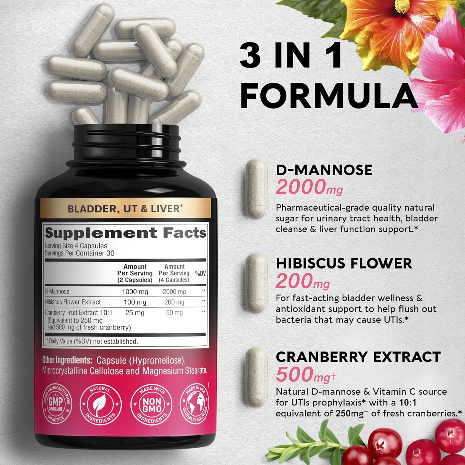 D-Mannose 2000mg Capsules for Urinary Tract Health with Cranberry & Hibiscus, 120 Vegan Pills C8967