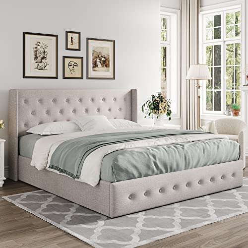 Full Size Lift Up Storage Bed with Wingback Headboard, Hydraulic Support, Light Beige P736605