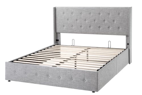 Full Size Lift Up Storage Bed with Wingback Headboard, Hydraulic Support, Light Beige P736605