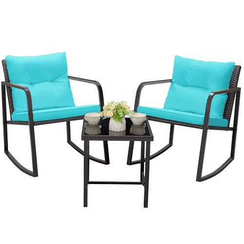 3 Piece Rocking Wicker Bistro Set with Glass Coffee Table J90293