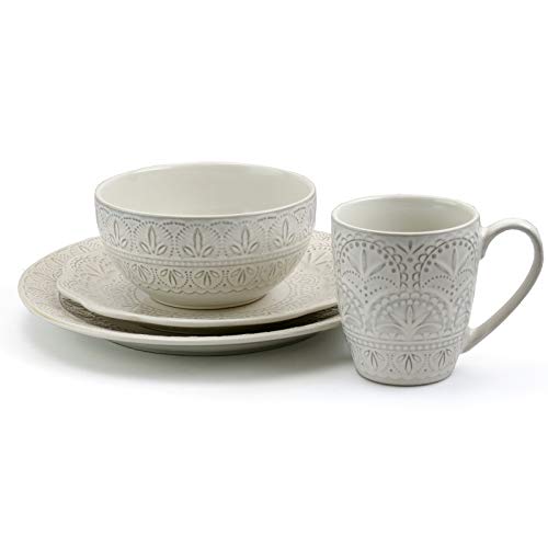 Round Embossed Stoneware Dinnerware Dish Set, 16 Piece, White R653634