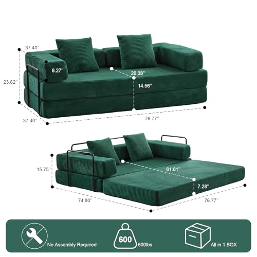 Corduroy Convertible Sleeper Sofa Bed with Pillow, Beige O72530