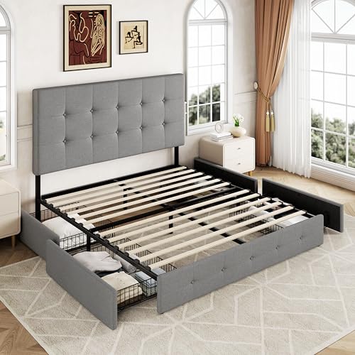 Upholstered Queen Platform Bed Frame with 4 Storage Drawers and Headboard G724955