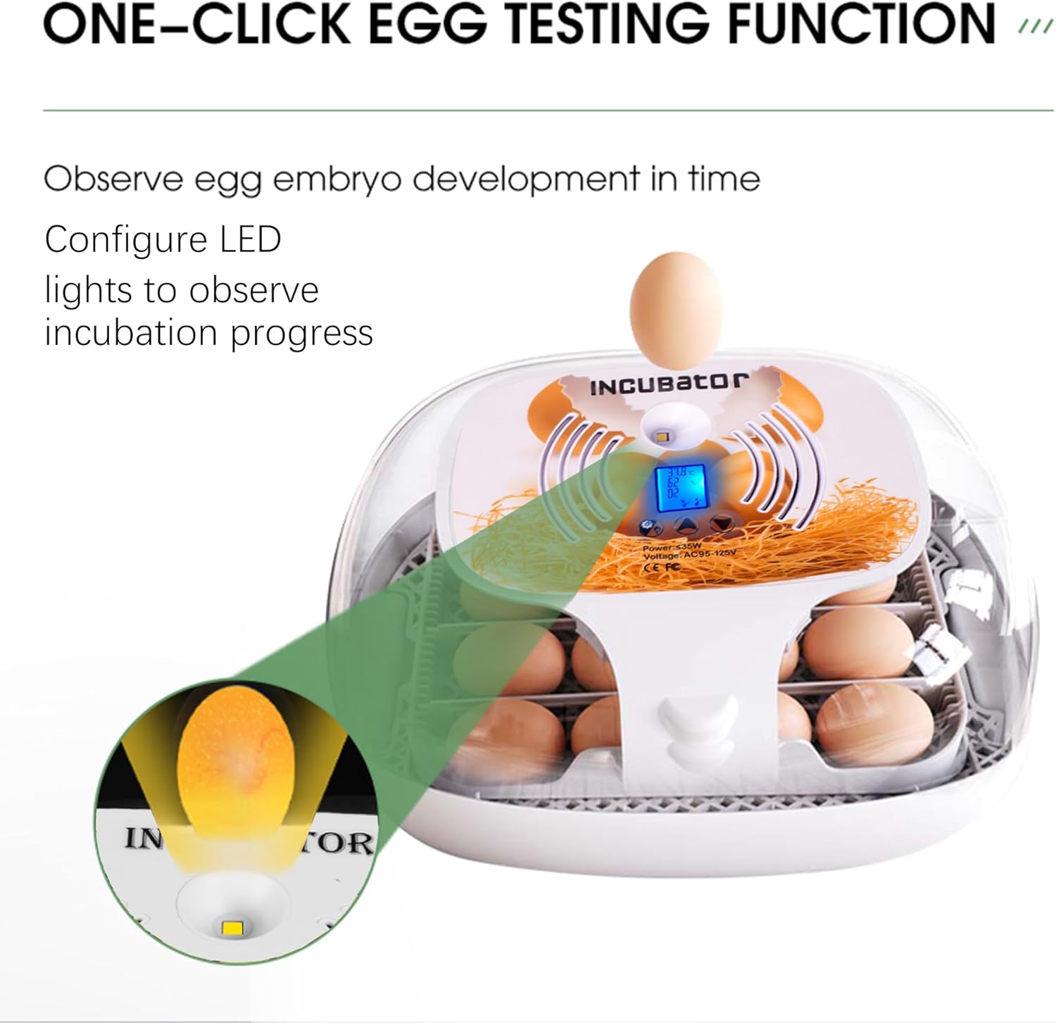 Egg Incubator with Humidity Display, LED Egg Candler, Automatic Turner, 360° Clear View, 16-35 Eggs M998949