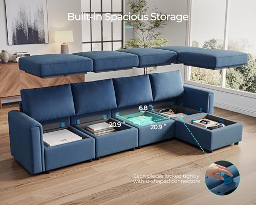 Modular Sectional Sofa with Storage, U Shaped Couch, Blue Y4358