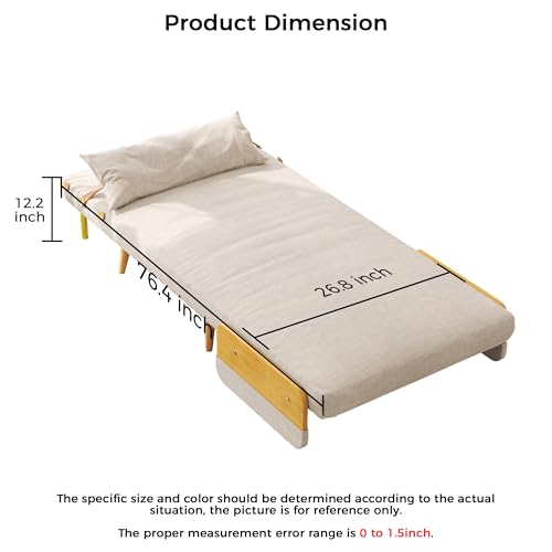 Convertible Chair Bed Sleeper for Adults, Linen with Wooden Arms & Pillows, Foldable Single Futon Sofa Bed Q683821