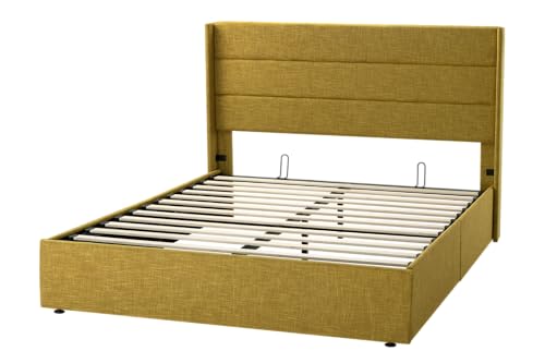 Full Size Lift Up Storage Bed with Wingback Headboard, Hydraulic Support, Light Beige P736605