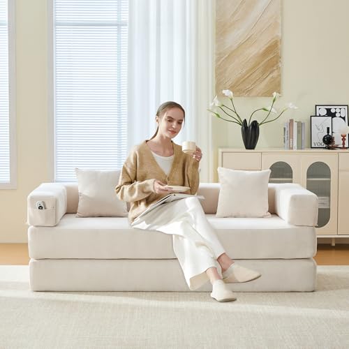 Corduroy Convertible Sleeper Sofa Bed with Pillow, Beige O72530