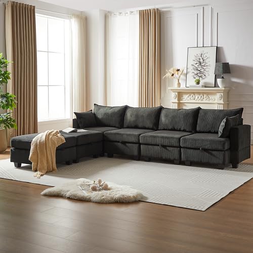 U-Shaped Oversized Modular Sectional Sofa with Corduroy Upholstery and 2 Pillows I415