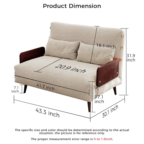 Convertible Chair Bed Sleeper for Adults, Linen with Wooden Arms & Pillows, Foldable Single Futon Sofa Bed Q683821