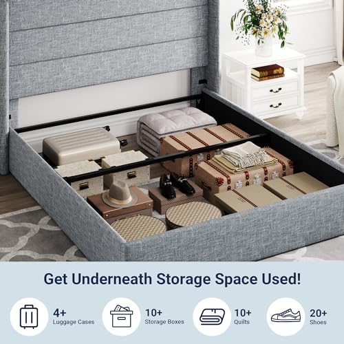 Full Size Lift Up Storage Bed with Wingback Headboard, Hydraulic Support, Light Beige P736605
