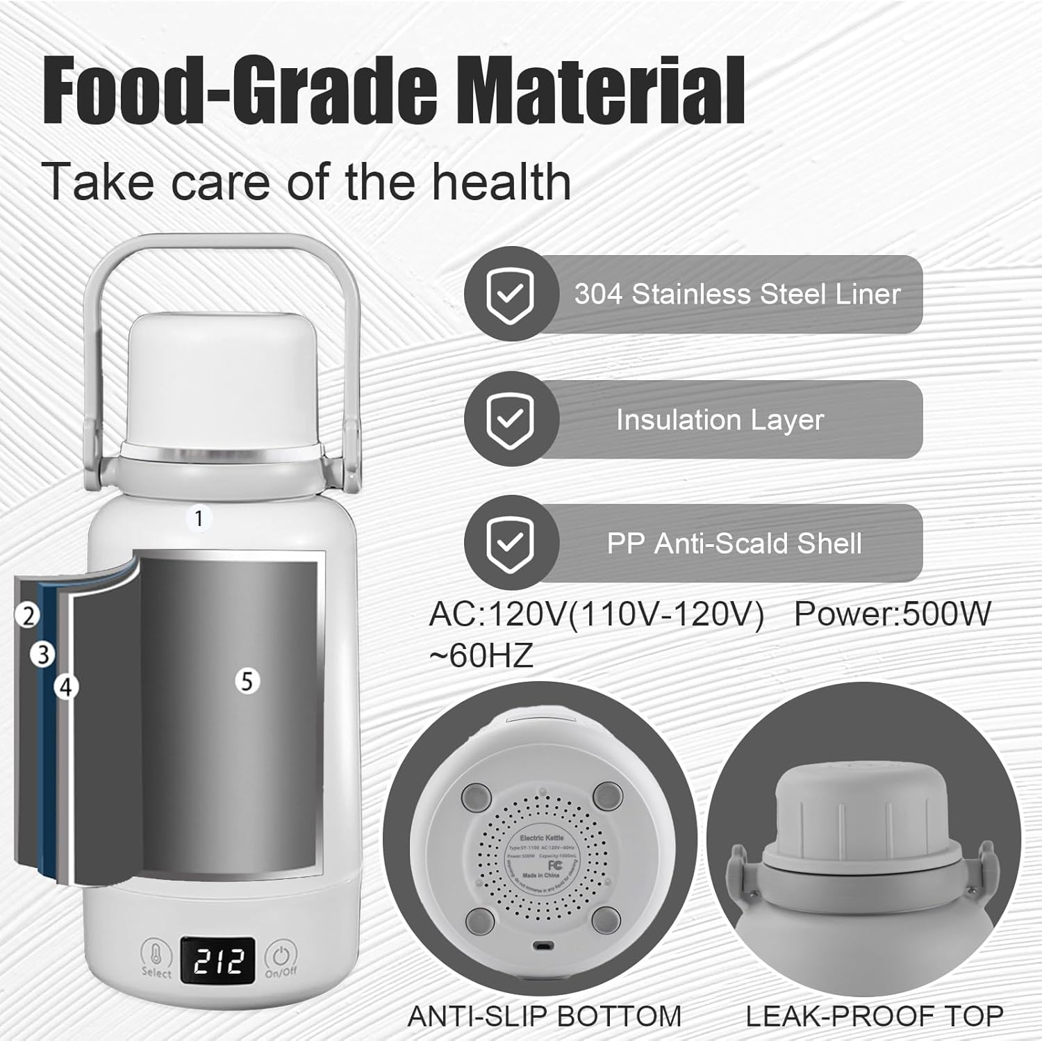 Portable Travel Electric Kettle, 1L with Temperature Control and LCD Display W744709