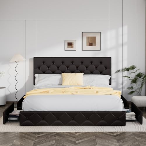 Upholstered Queen Platform Bed Frame with 4 Storage Drawers and Headboard G724955