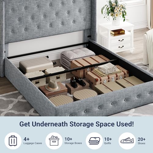 Full Size Lift Up Storage Bed with Wingback Headboard, Hydraulic Support, Light Beige P736605