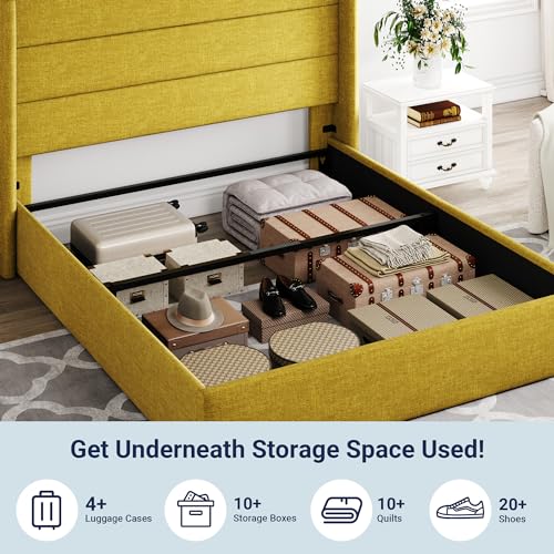 Full Size Lift Up Storage Bed with Wingback Headboard, Hydraulic Support, Light Beige P736605