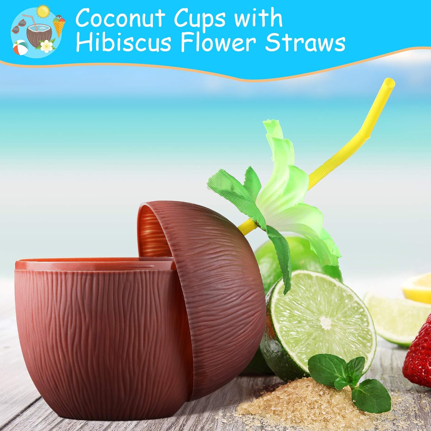 Coconut Cups with Hibiscus Straws for Luau Party Drink Decoration K21784