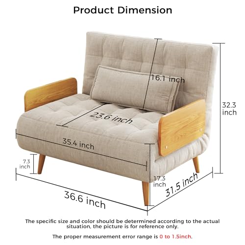 Convertible Chair Bed Sleeper for Adults, Linen with Wooden Arms & Pillows, Foldable Single Futon Sofa Bed Q683821