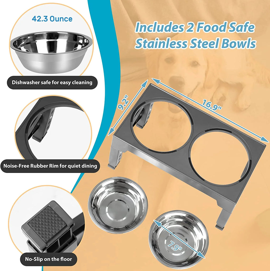 Elevated Dog Bowls Stand with 2 Stainless Steel Dishes, Adjustable Height for Medium and Large Dogs O53917
