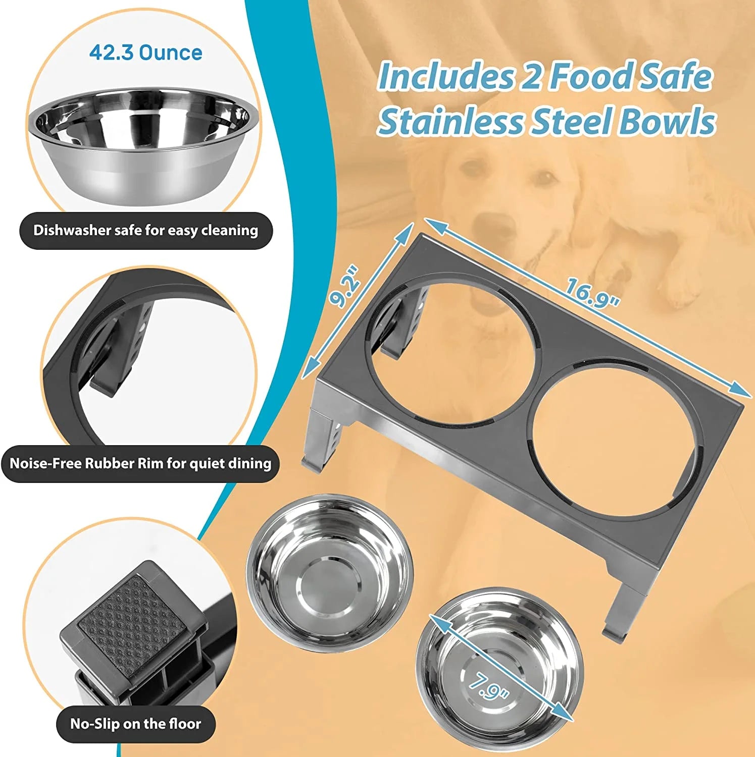 Elevated Dog Bowls Stand with 2 Stainless Steel Dishes, Adjustable Height for Medium and Large Dogs O53917