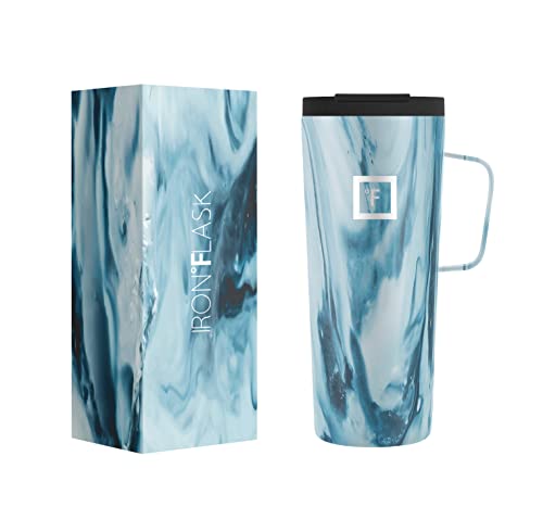 IRON °FLASK Grip Coffee Mug - Leak Proof, Vacuum Insulated Stainless Steel Bottle, Double Walled, Thermo Travel, Hot Cold, Water Metal Canteen - Blue Waves, 16 Oz - Classic Bottom