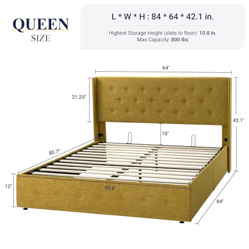 Full Size Lift Up Storage Bed with Wingback Headboard, Hydraulic Support, Light Beige P736605