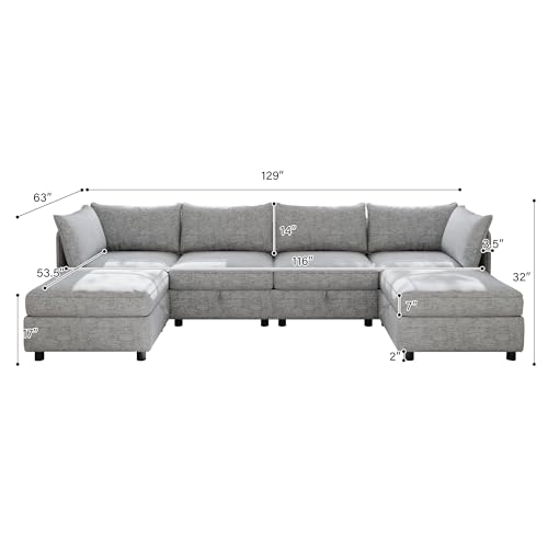 Modular Storage Sectional Sofa with Movable Ottomans, U-Shaped Chenille U839651