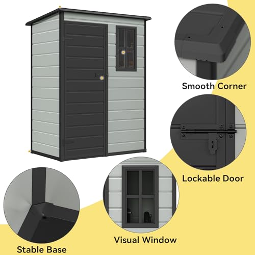 Outdoor Storage Shed with Floor, Lockable Door & Window, Waterproof Resin, Blue-Gray E649