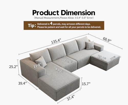Modular Sectional Sofa with Ottoman, U-Shaped Deep Seat Couch for Living Room O870