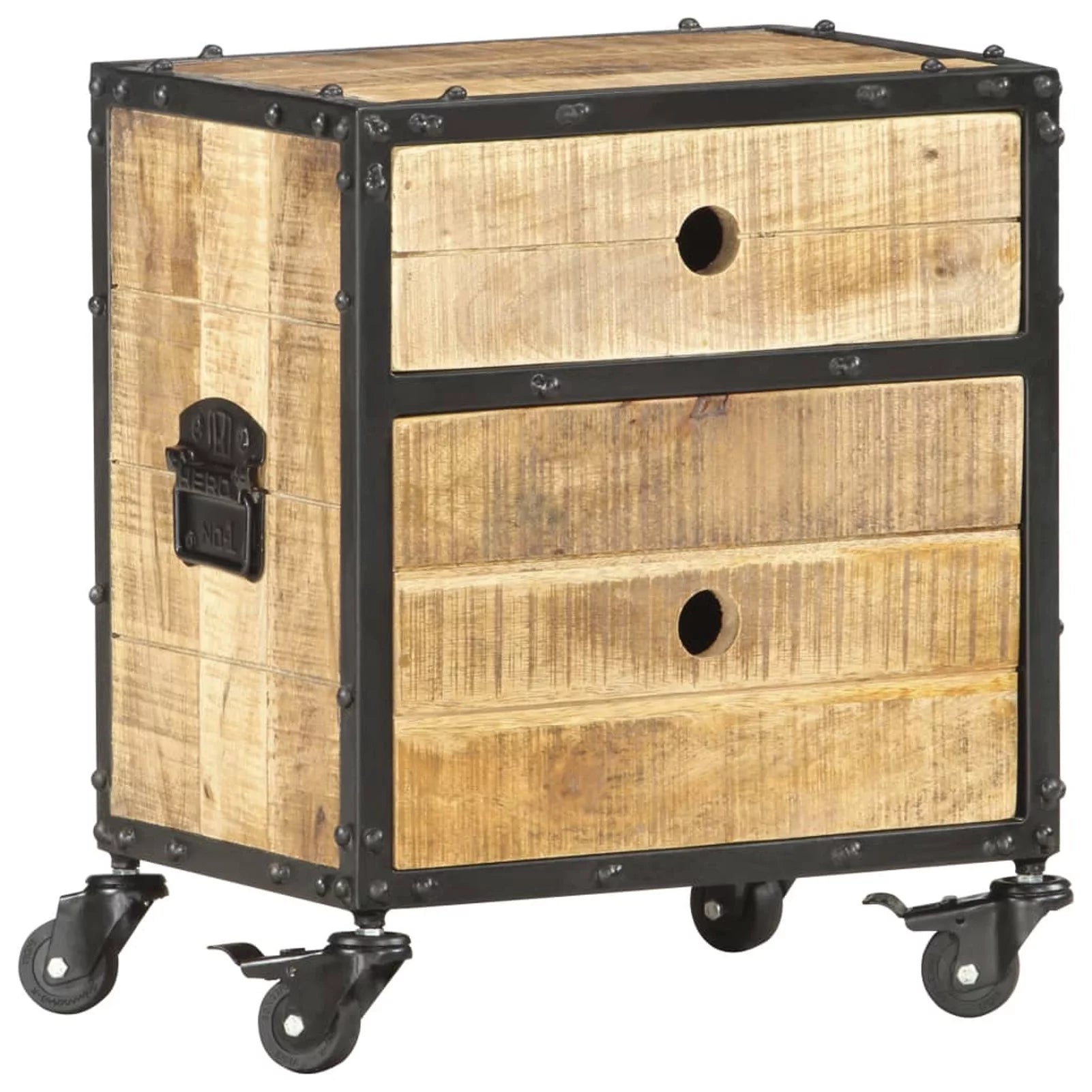 Bedside Cabinet with 2 Storage Drawers and Wheels, Mango Wood Nightstand A3625