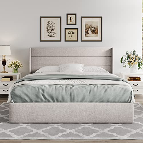 Full Size Lift Up Storage Bed with Wingback Headboard, Hydraulic Support, Light Beige P736605