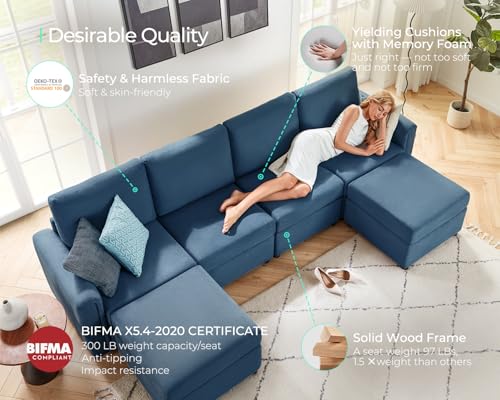 Modular Sectional Sofa with Storage, U Shaped Couch, Blue Y4358