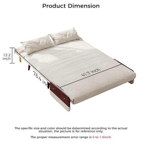 Convertible Chair Bed Sleeper for Adults, Linen with Wooden Arms & Pillows, Foldable Single Futon Sofa Bed Q683821
