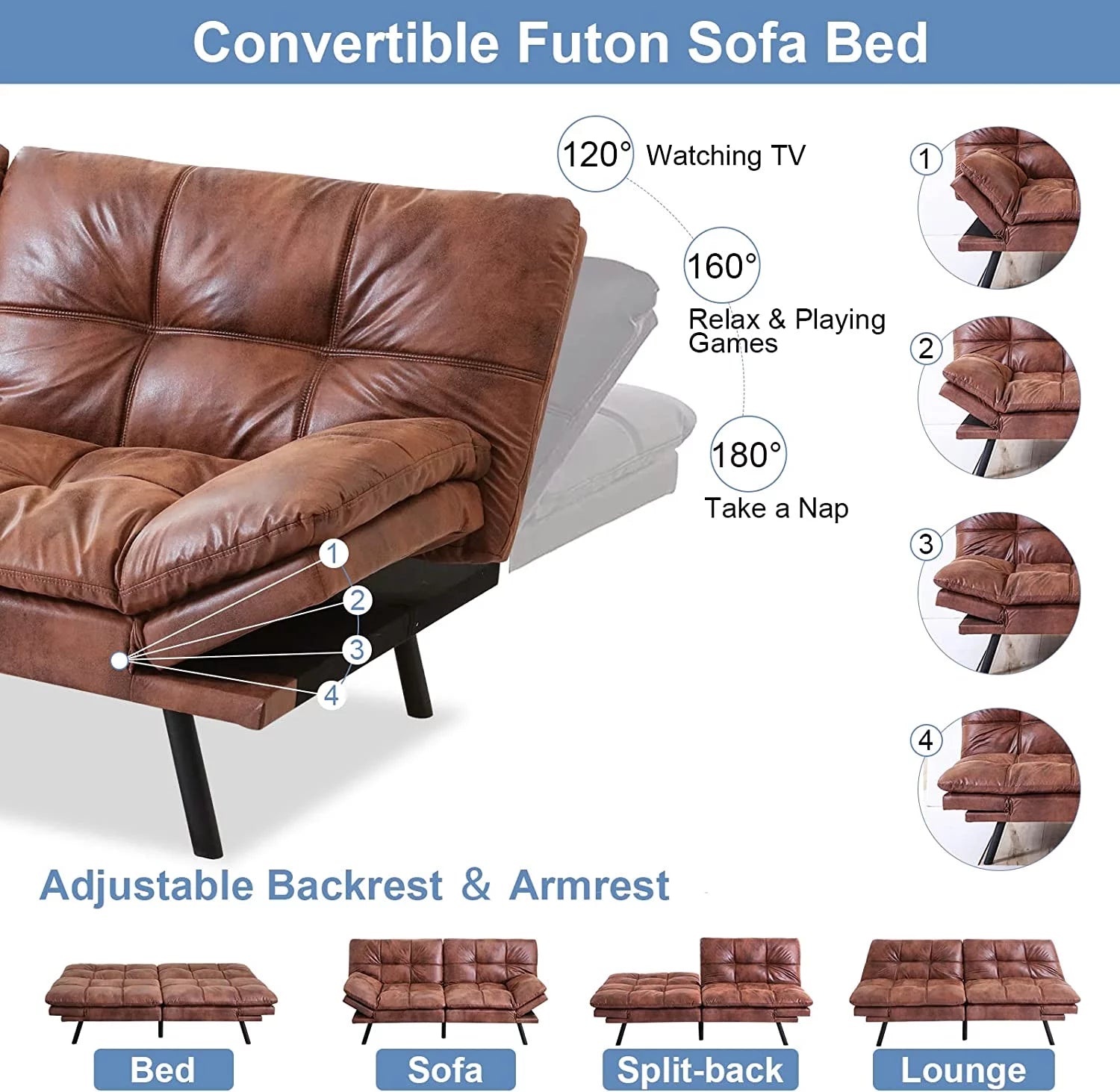 Futon Sofa Bed Memory Foam Convertible Couch with Adjustable Armrests O625