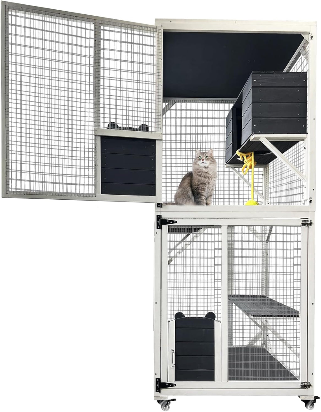 Cat House Catio Outdoor Cat Enclosure, 3-Tier Cat Cage Indoor on Wheels, Waterproof Roof Outdoor Cat Enclosures, 2 Windows & Doors