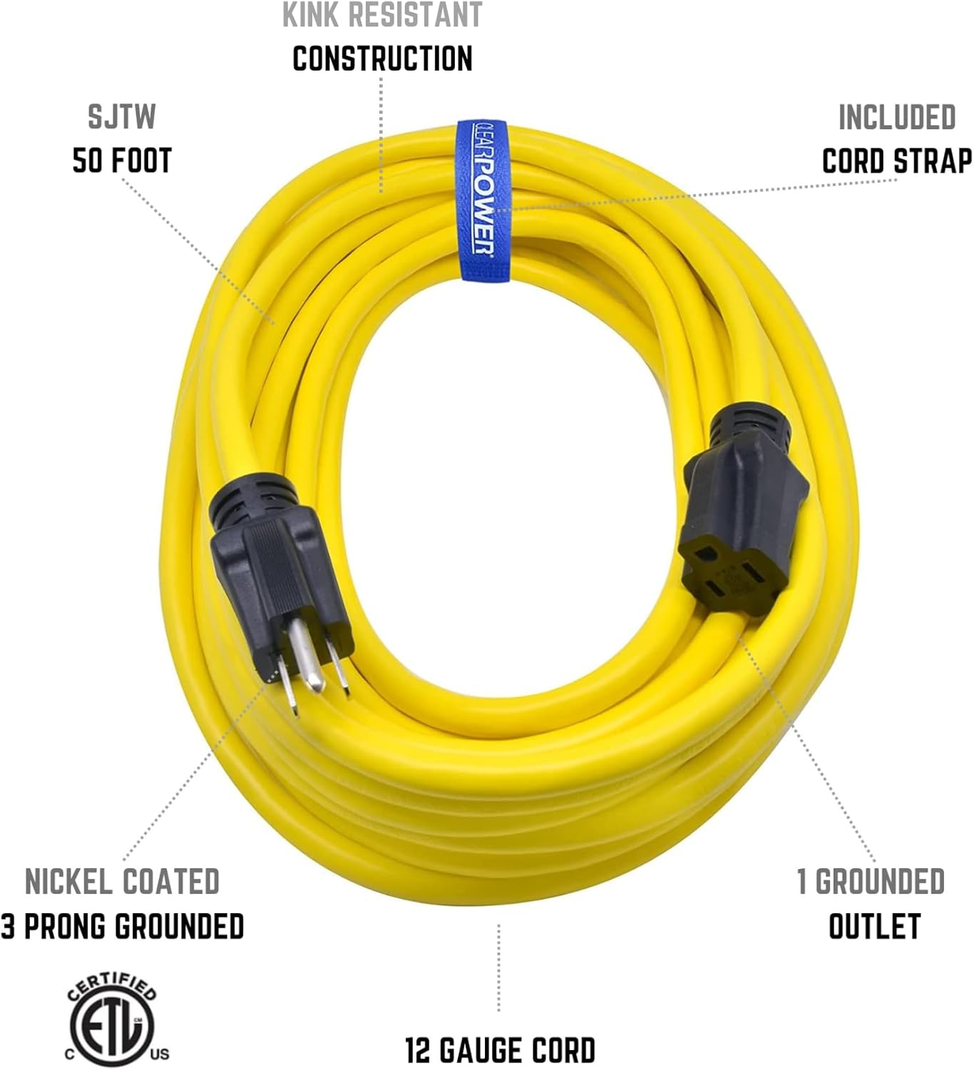 Heavy Duty Outdoor Extension Cord 50 ft, Weather Resistant, 3 Prong Grounded Plug I50867