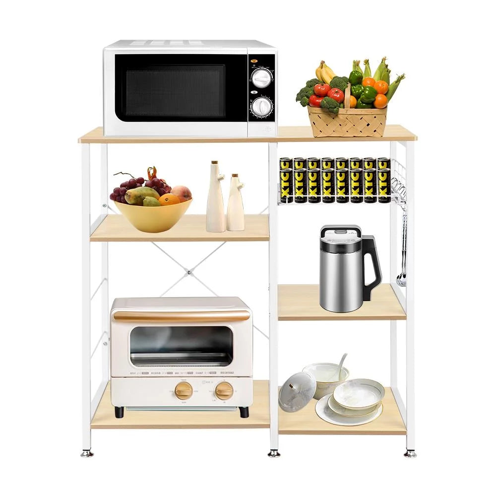 Kitchen Microwave Oven Stand with Basket, Industrial Shelving Unit, White Oak Finish O9228