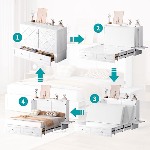 Queen Cabinet Cube Chest Bed with Tri-fold Mattress and Charging Station X329