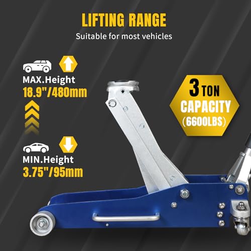 3 Ton Aluminum Floor Jack Quick Rise Low Profile 6600 lbs Capacity C9881