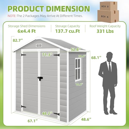 Outdoor Storage Shed 6x4.4FT, Resin with Floor, Lockable Doors for Garden Tools E30130