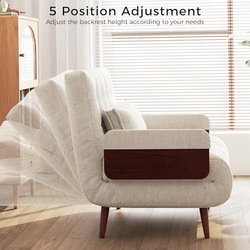 Convertible Chair Bed Sleeper for Adults, Linen with Wooden Arms & Pillows, Foldable Single Futon Sofa Bed Q683821
