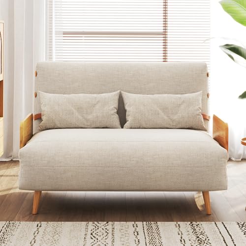 Convertible Chair Bed Sleeper for Adults, Linen with Wooden Arms & Pillows, Foldable Single Futon Sofa Bed Q683821