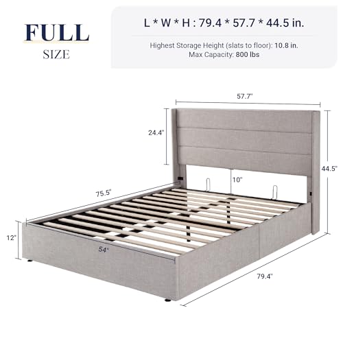 Full Size Lift Up Storage Bed with Wingback Headboard, Hydraulic Support, Light Beige P736605