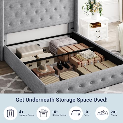 Full Size Lift Up Storage Bed with Wingback Headboard, Hydraulic Support, Light Beige P736605